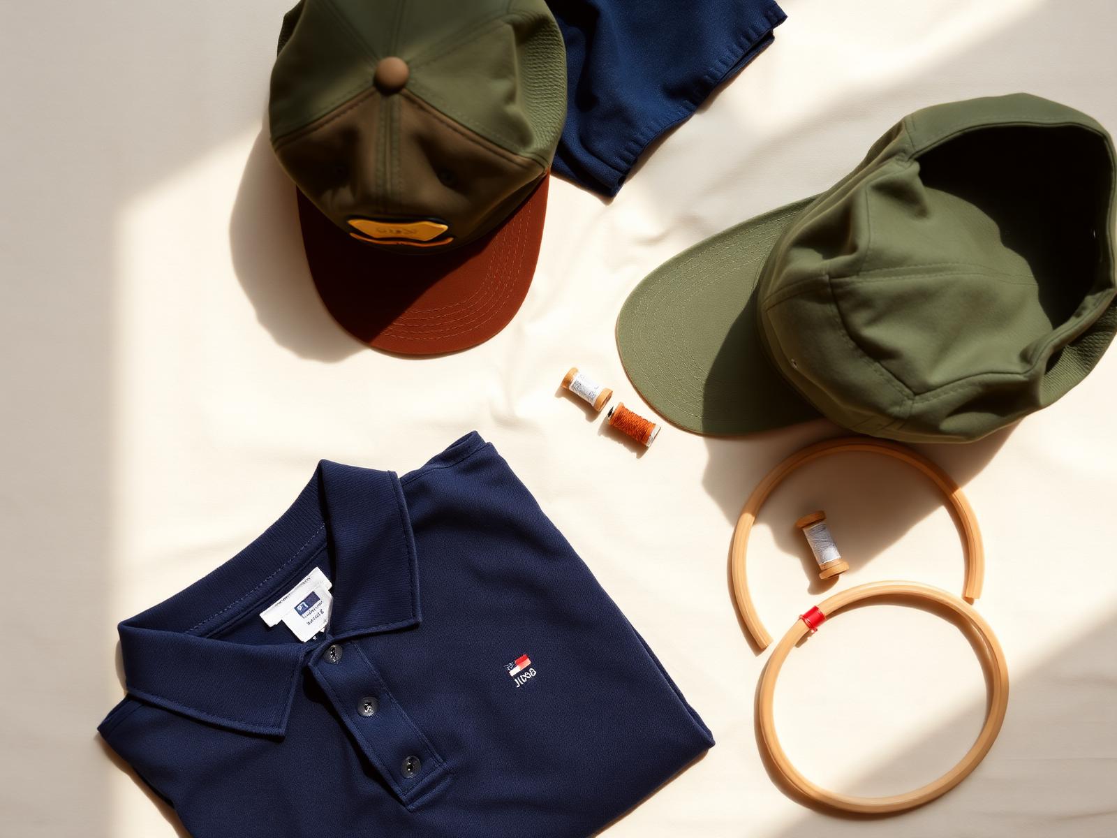 Folded navy polo with embroidered Three Chords logo, sage cap with tobacco brim