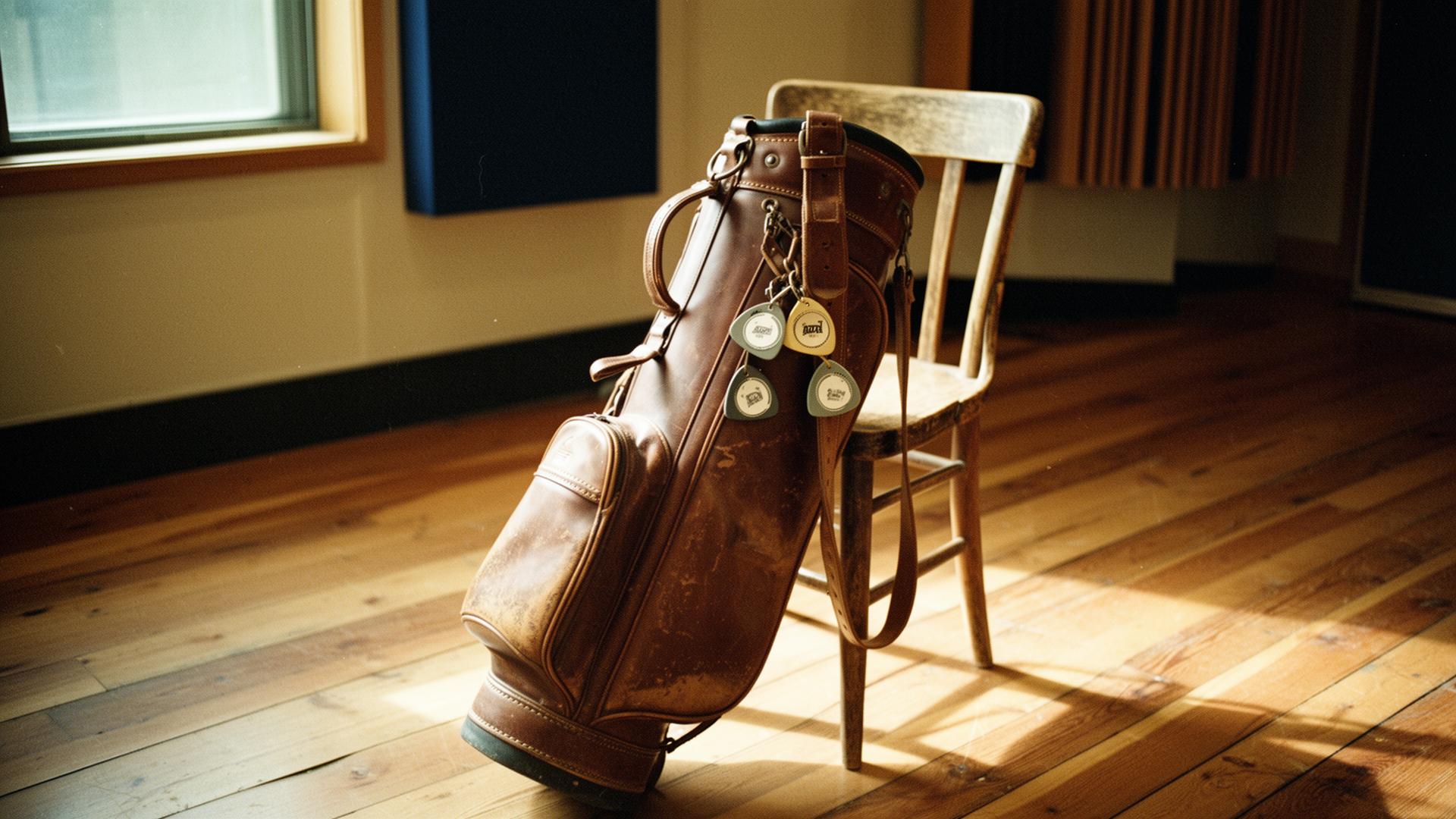 Vintage leather golf bag with three guitar picks clipped to the strap, in a Nashville studio
